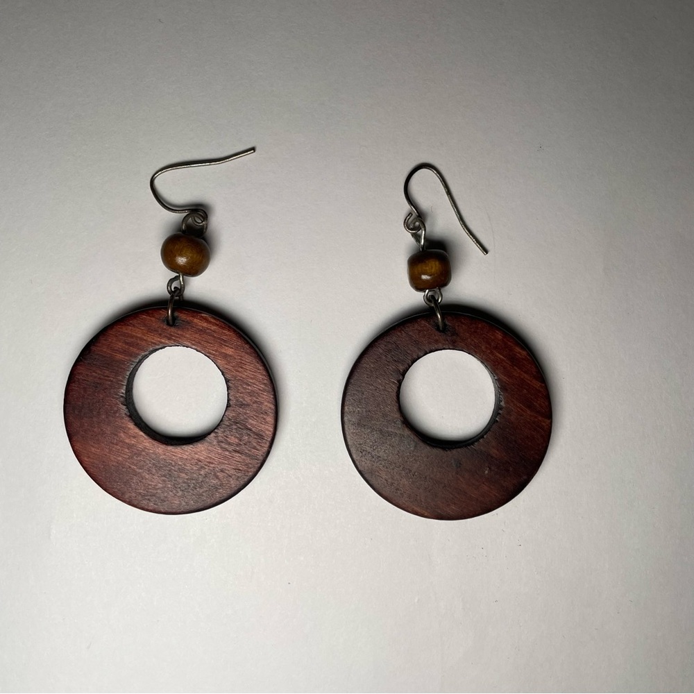 Rich Brown Wooden Circle Earrings with Metal Hooks